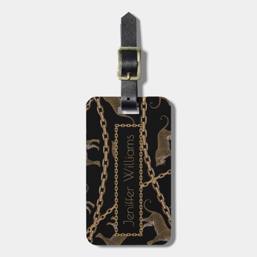 Golden chain glamour leopard cheetah bagagelabel (Voorkant verticaal)