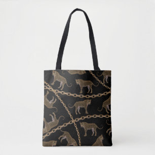 Golden chain glamour leopard cheetah tote bag