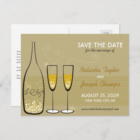 Golden Champagne Bubbles feest redt de datum Aankondigingskaart (Voorkant / Achterkant)