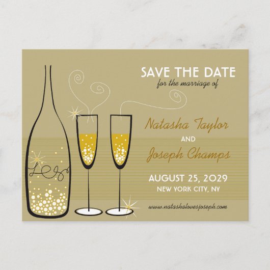 Golden Champagne Bubbles feest redt de datum Aankondigingskaart (Voorkant)