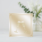 Golden Champagne Glass & Sapphire Engagement Party Kaart (Staand voorkant)
