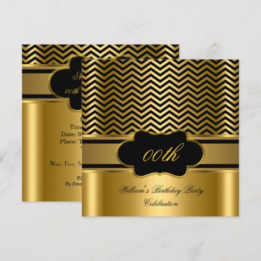 Golden Chevron Gold Black Stripe Birthday Party Kaart (Voorkant / Achterkant)