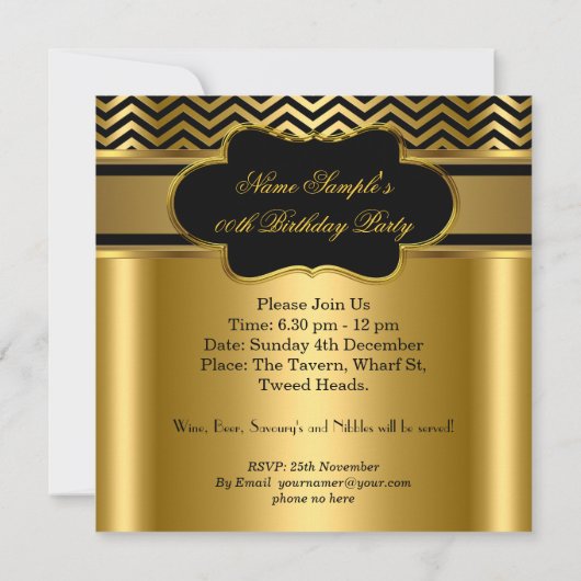 Golden Chevron Gold Black Stripe Birthday Party Kaart (Achterkant)