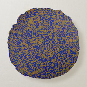 Golden Chinees Auspicious Clouds Pattern on Indigo Rond Kussen