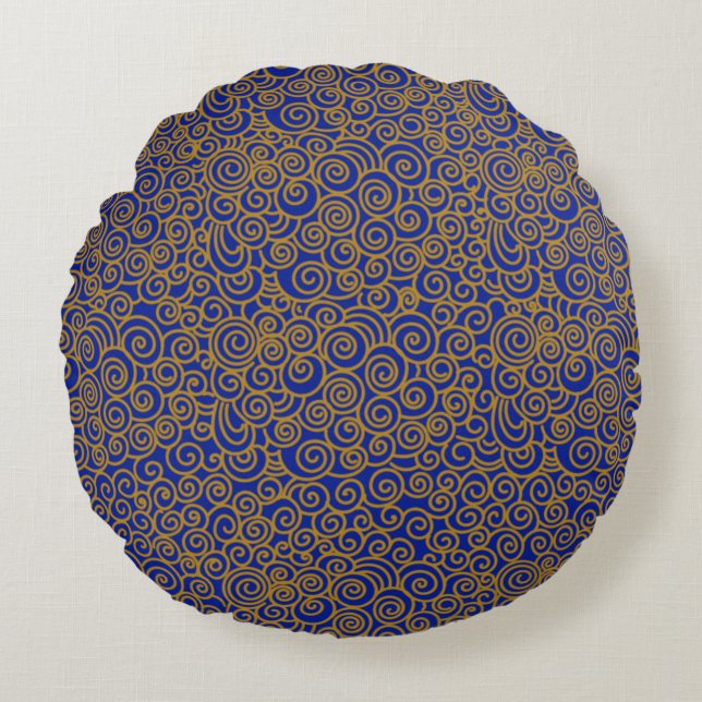 Golden Chinees Auspicious Clouds Pattern on Indigo Rond Kussen (Voorkant)