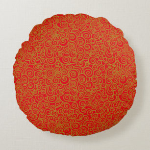 Golden Chinese Auspicious Clouds Pattern op Red Rond Kussen