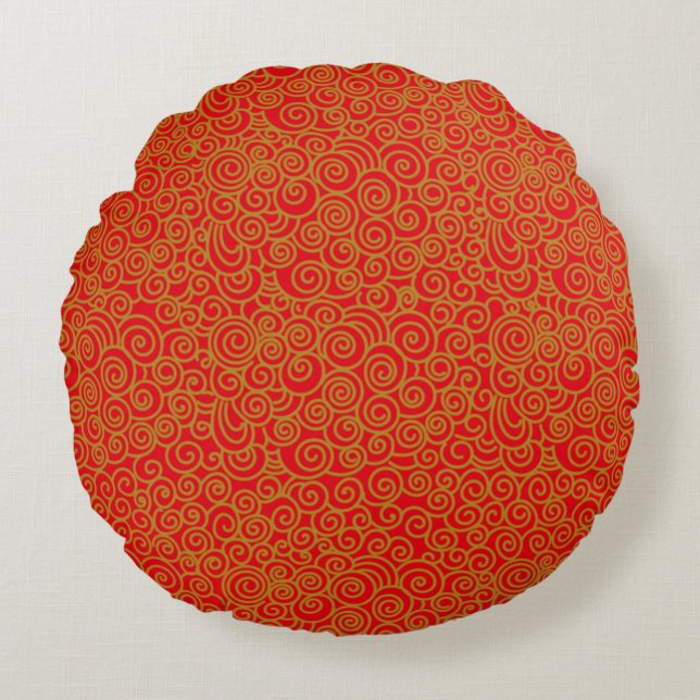 Golden Chinese Auspicious Clouds Pattern op Red Rond Kussen (Voorkant)