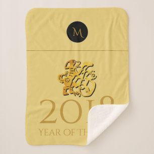 Golden Chinese Dog Papercut 2018 Monogram medium B Sherpa Deken