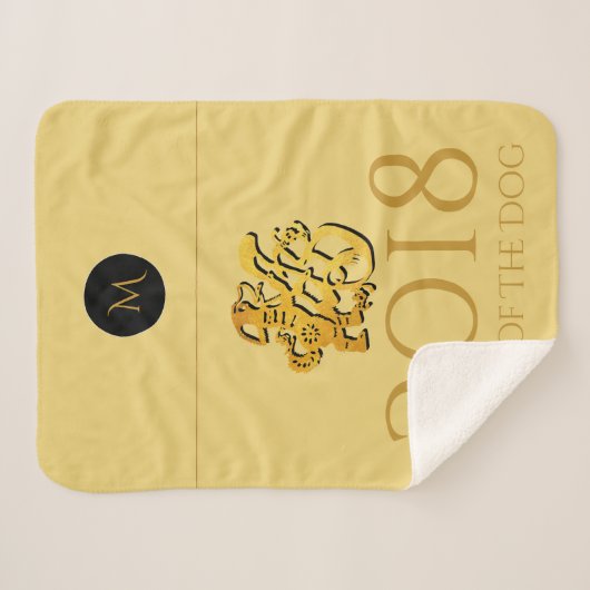 Golden Chinese Dog Papercut 2018 Monogram medium B Sherpa Deken (Voorkant (horizontaal))