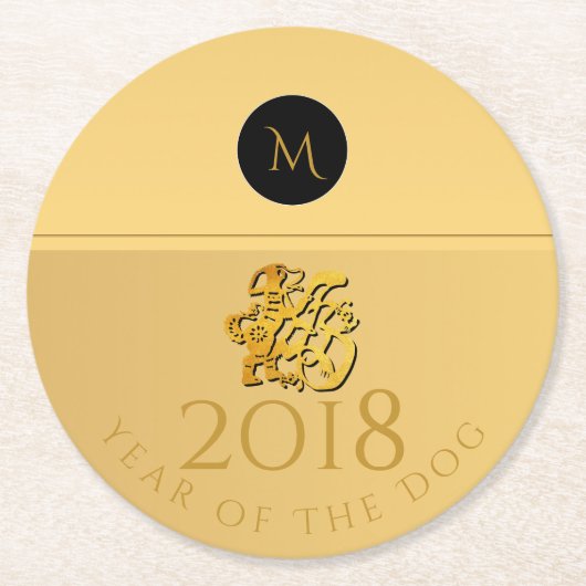 Golden Chinese Dog Papercut 2018 Monogram Ronde C Ronde Kartonnen Onderzetter (Voorkant)