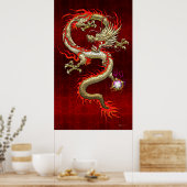 Golden Chinese draak — gil op rode zijde Poster (Keuken)