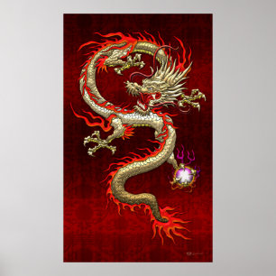 Golden Chinese draak — gil op rode zijde Poster