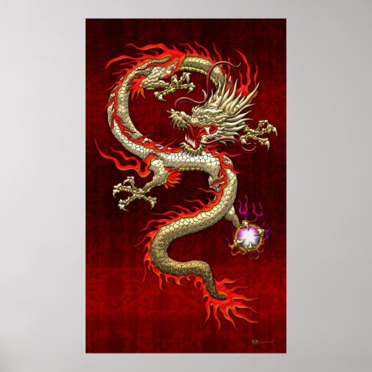 Golden Chinese draak — gil op rode zijde Poster (Voorkant)