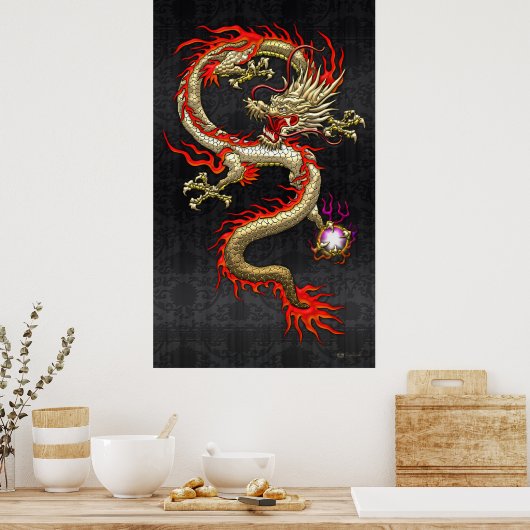 Golden Chinese draak — tand op zwarte zijde Poster (Keuken)