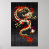 Golden Chinese draak — tand op zwarte zijde Poster (Voorkant)