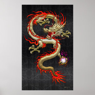 Golden Chinese draak — tand op zwarte zijde Poster