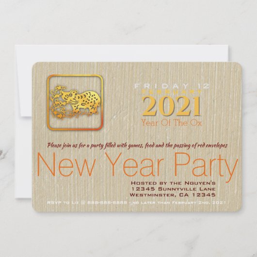 Golden Chinese Paper-cut Ox Year 2021 Party Inv (Voorkant)