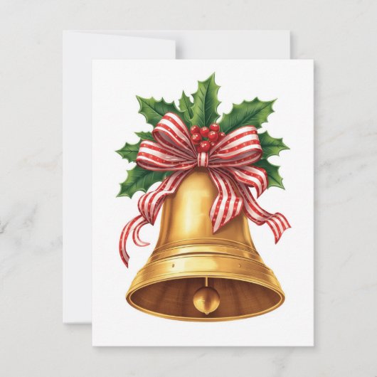 Golden Christmas Bell Holly and Stripe Bow Feestdagenkaart (Voorkant)