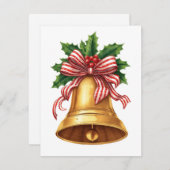Golden Christmas Bell Holly and Stripe Bow Feestdagenkaart (Voorkant / Achterkant)
