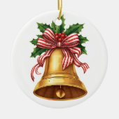 Golden Christmas Bell Holly and Stripe Bow Keramisch Ornament (Voorkant)