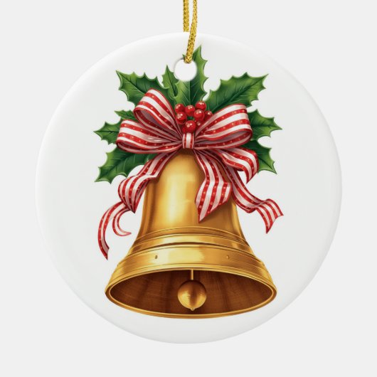 Golden Christmas Bell Holly and Stripe Bow Keramisch Ornament (Voorkant)