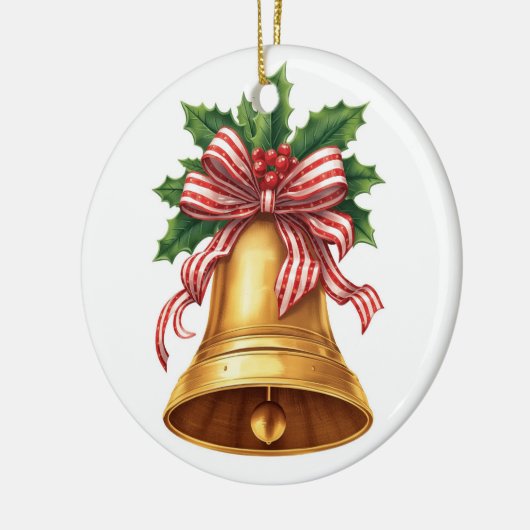 Golden Christmas Bell Holly and Stripe Bow Keramisch Ornament (Links)