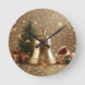 Golden Christmas Bell Wall Clock – Festive Holiday Ronde Klok (Voorkant)