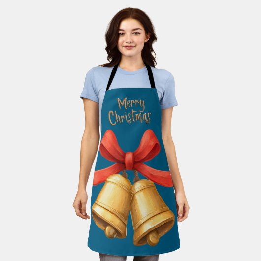 Golden Christmas Bells Blue Holiday Apron Schort (Gedragen)