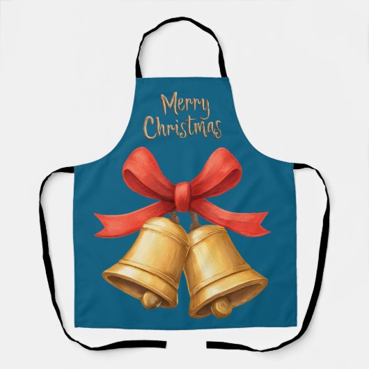Golden Christmas Bells Blue Holiday Apron Schort (Voorkant)