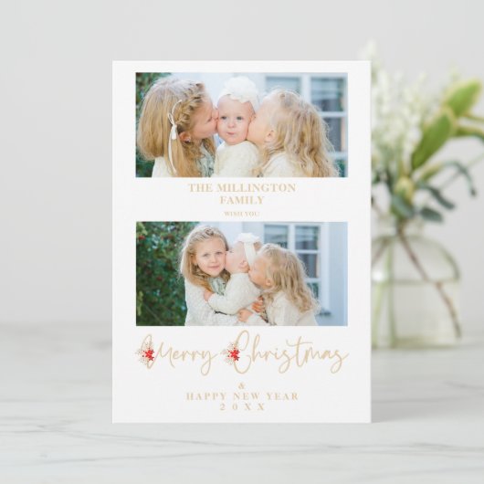 Golden Christmas Effect Botanical Holly 2 Photos Feestdagenkaart (Staand voorkant)