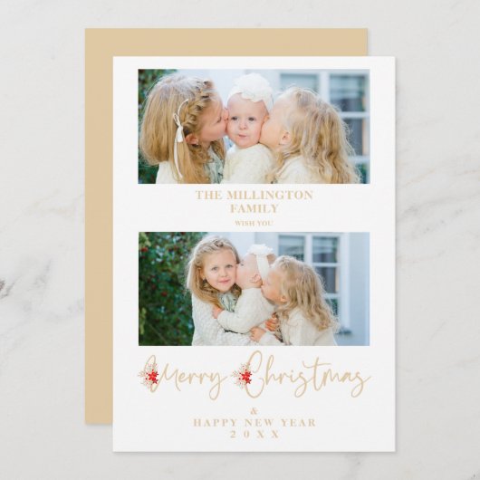 Golden Christmas Effect Botanical Holly 2 Photos Feestdagenkaart (Voorkant / Achterkant)