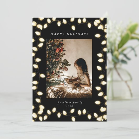 Golden Christmas Lights Een foto Feestdagenkaart (Staand voorkant)