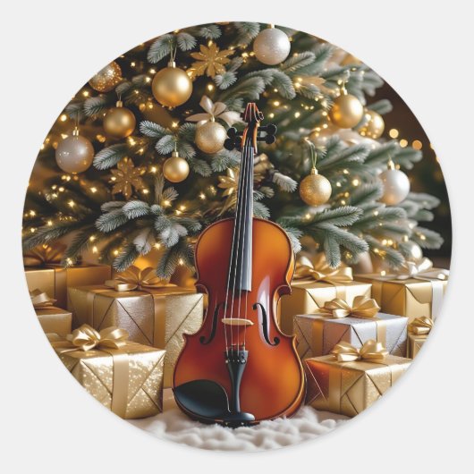 Golden Christmas Tree, Gifts and Violin Ronde Sticker (Voorkant)