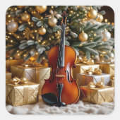 Golden Christmas Tree, Gifts and Violin Vierkante Sticker (Voorkant)