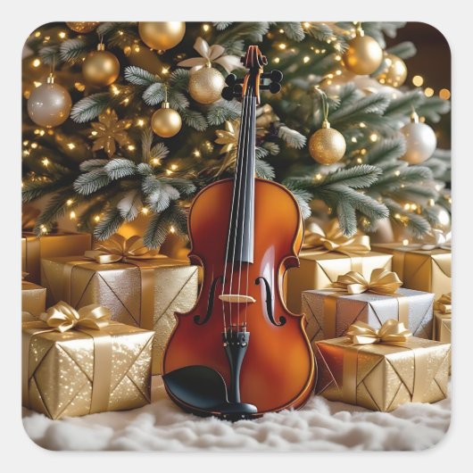 Golden Christmas Tree, Gifts and Violin Vierkante Sticker (Voorkant)