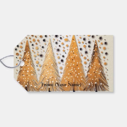 Golden Christmas Trees Shiny Snowflakes Feestdagen Cadeaulabel (Achterkant Horizontaal)