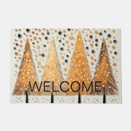 Golden Christmas Trees Shiny Snowflakes Feestdagen Deurmat