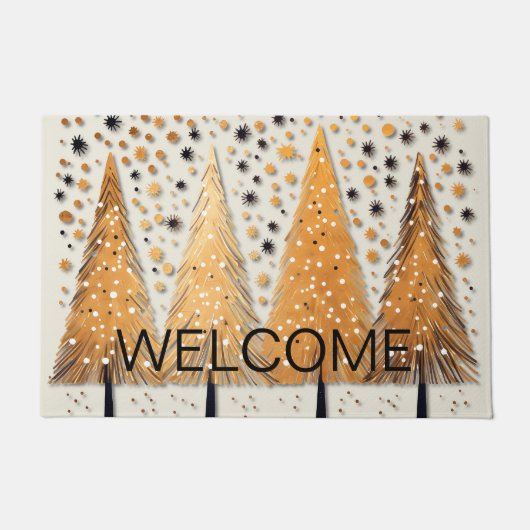 Golden Christmas Trees Shiny Snowflakes Feestdagen Deurmat (Voorkant)