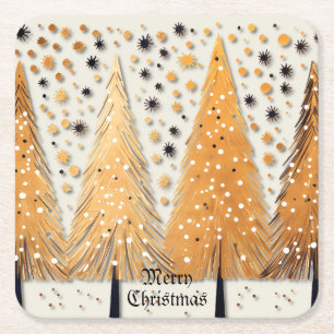 Golden Christmas Trees Shiny Snowflakes Feestdagen Kartonnen Onderzetters