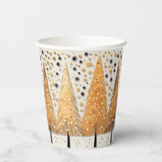 Golden Christmas Trees Shiny Snowflakes Feestdagen Papieren Bekers (Achterkant)