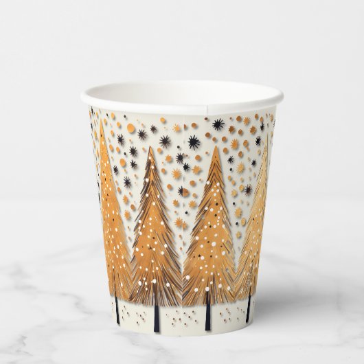 Golden Christmas Trees Shiny Snowflakes Feestdagen Papieren Bekers (Rechts)