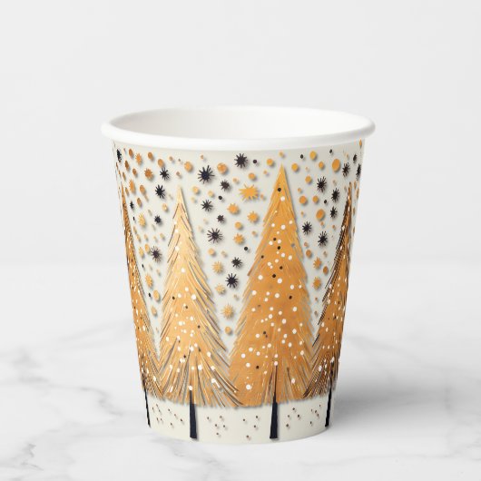 Golden Christmas Trees Shiny Snowflakes Feestdagen Papieren Bekers (Voorkant)