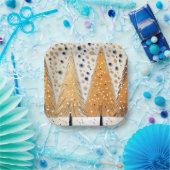 Golden Christmas Trees Shiny Snowflakes Feestdagen Papieren Bordje (Feest)