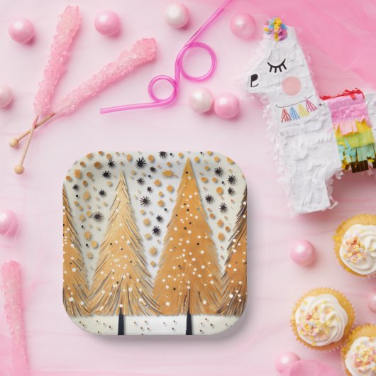 Golden Christmas Trees Shiny Snowflakes Feestdagen Papieren Bordje (Feest)