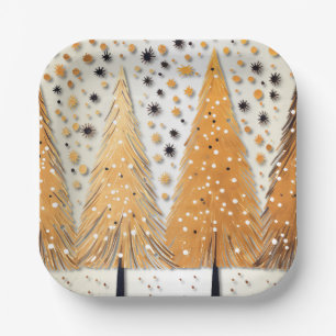 Golden Christmas Trees Shiny Snowflakes Feestdagen Papieren Bordje