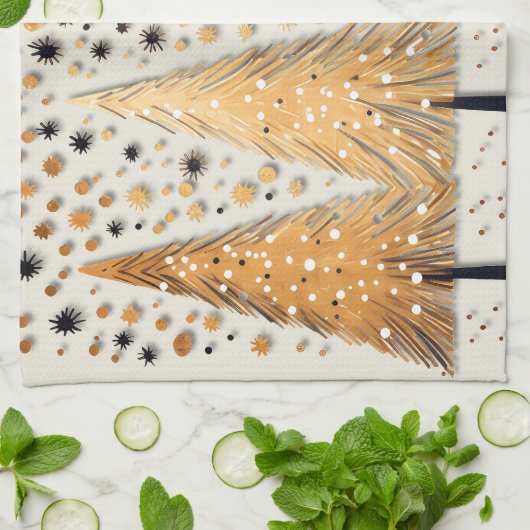 Golden Christmas Trees Shiny Snowflakes Feestdagen Theedoek (Gevouwen)