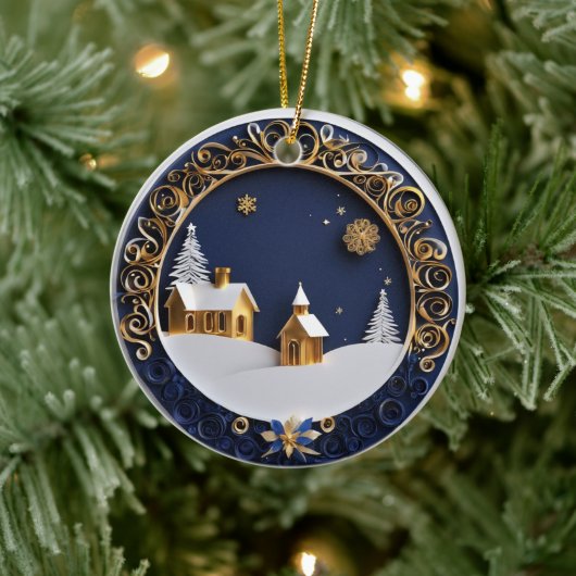 Golden Churches Paper-Cut Style Starry Night Keramisch Ornament (Boom)