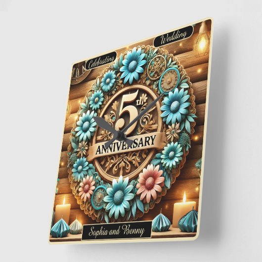 Golden Circle: Vijfde Jubileum Bloemen Creatie Vierkante Klok (Hoek)