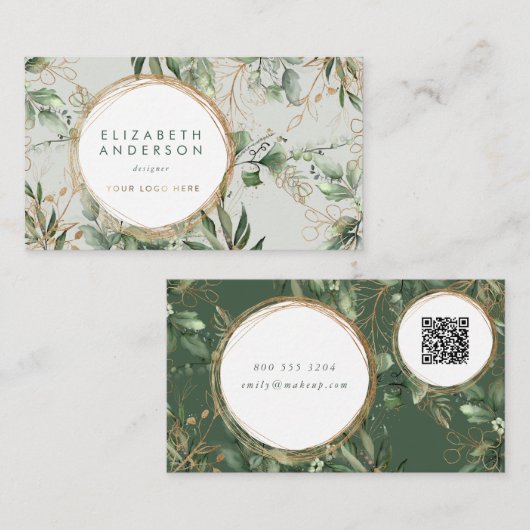 Golden Circles Eucalyptus Elegant QR CODE LOGO Visitekaartje (Voorkant / Achterkant)