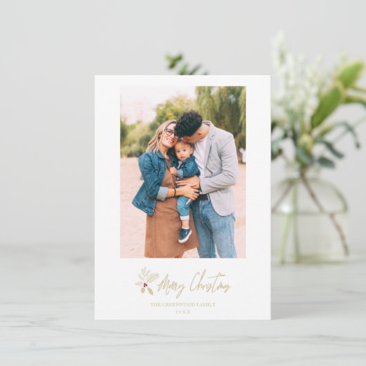 Golden Classic Merry Christmas Custom Photo Feestdagenkaart (Staand voorkant)